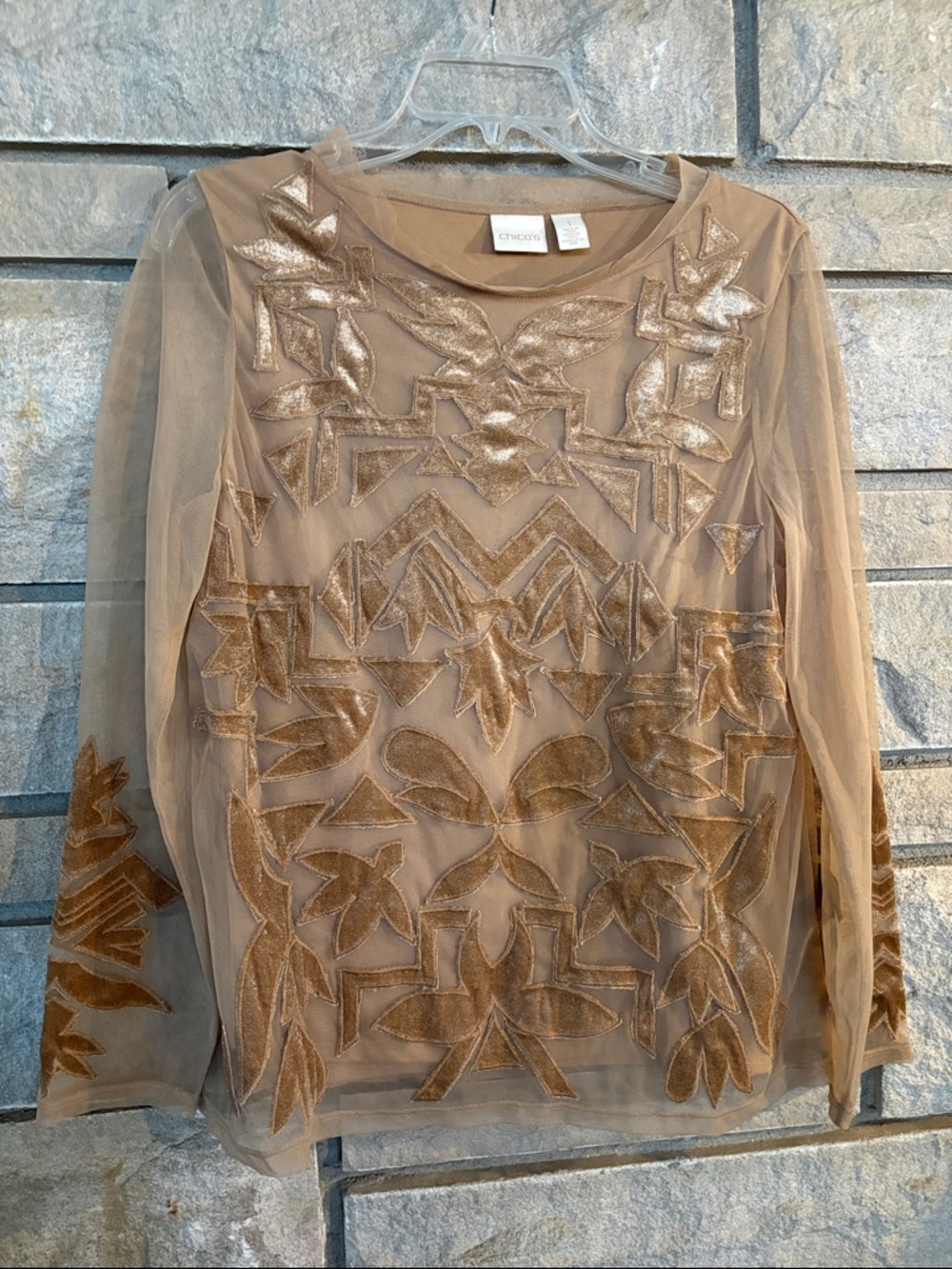 Chico's velvet Taupe Sheer Long-Sleeve Top